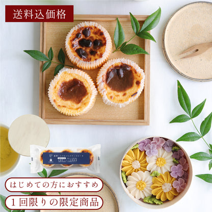 【初めての方限定】お花のおはぎBOX1個とチーズケーキ3個セット【送料分1,010円割引価格】
