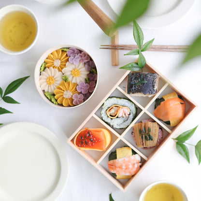 【初めての方限定】 あでやか手鞠わさび葉寿し6個とお花のおはぎBOX１個【送料分1,010円割引価格】