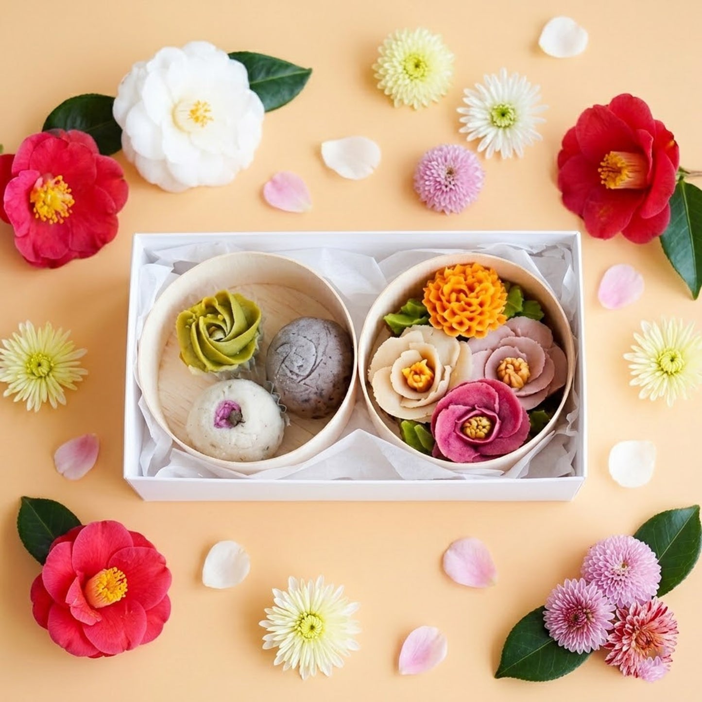 【特別価格30%OFF】＜うめとおはぎ＞古都の椿と冬菊　おはぎ4種4個